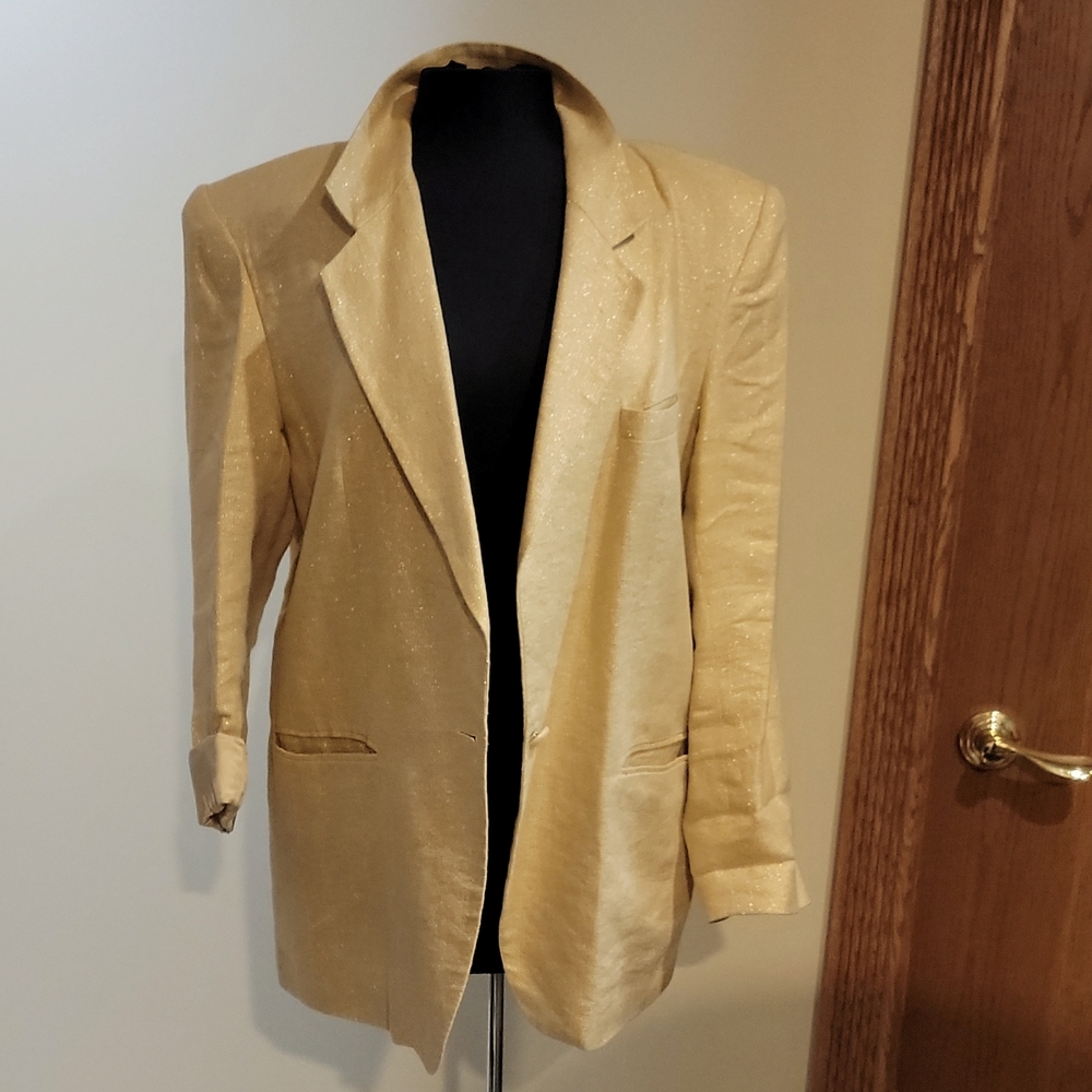 Blazer, gold sparkles, "exit in white"